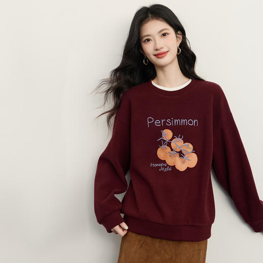 【12/31新品】熙世界【柿柿如意】印花加绒卫衣卫衣女款冬季加厚慵懒风圆领上衣 商品图4