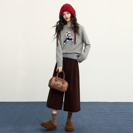 【年货节】熙世界招财猫提花保暖毛衣女冬季休闲宽松慵懒套头圆领羊毛针织衫 商品图2