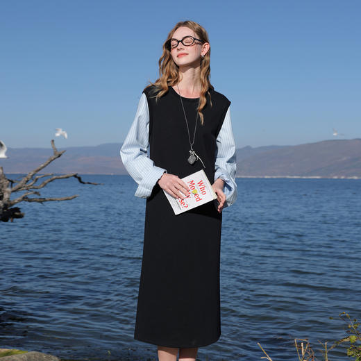 三彩2026春季新款条纹长袖假两件连衣裙宽松圆领直筒裙长裙M 商品图1