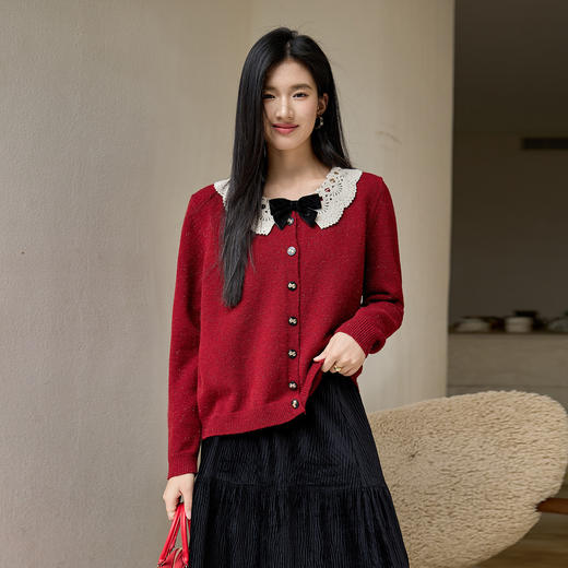 奢姿大码女装2025冬季时尚蕾丝娃娃领针织开衫胖妹妹气质减龄上衣9854691089 商品图0