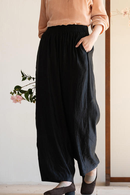 牧衣游原创 26姆米重磅丝麻净色休闲长裤黑色显瘦宽松阔腿裤 曦容 商品图5