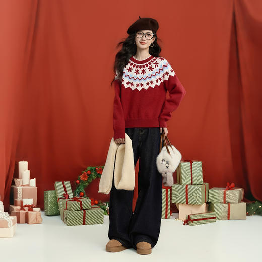 【12/31新品】熙世界【红红火火】新年跨年氛围感费尔岛提花红色针织毛衣女秋冬 商品图1