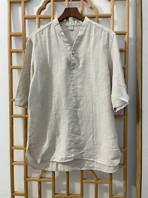 「断码清仓」男士亚麻盘扣中袖衬衫立领上衣DZQC-102 商品图0