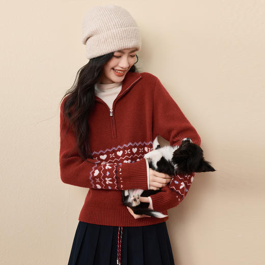 【12/31新品】熙世界过新年费尔岛提花厚毛衣女秋冬复古半拉链立领套头针织上衣 商品图3