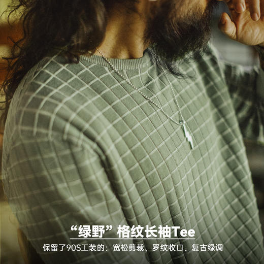 马登工装美式复古格子圆领卫衣格纹绿色长袖T恤套头短款外套男春 商品图1