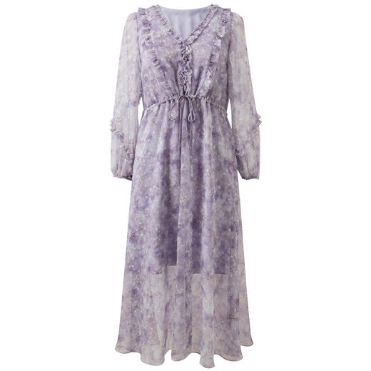 三彩2026春季新款木耳边V领印花连衣裙长袖系带收腰A字裙长裙M 商品图4