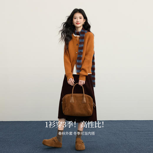 【年货节】熙世界韩系穿搭橘色毛衣开衫女秋冬厚款高级感圆领坑条针织短外套 商品图1