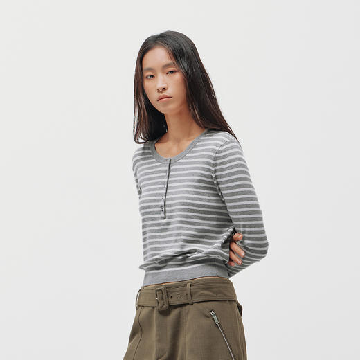 商场同款|森马针织衫女春季短款亨利领条纹毛衫披肩2026新款上衣 商品图2