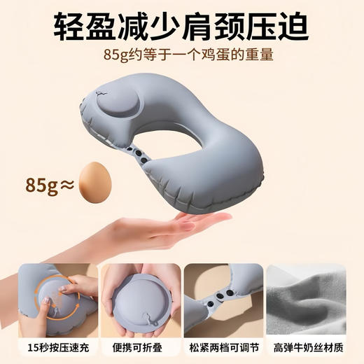 【十秒快充❗️充气按压U型枕】360°舒适贴合颈部，轻盈减少肩颈压迫，透气高弹与肌肤同呼吸，多种用途护颈枕旅游神器便携折叠植绒户外旅行u枕头QQ 商品图3