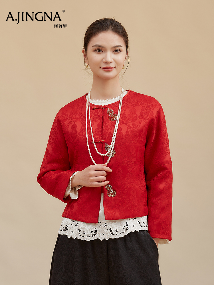 【淘衣节专享】阿菁娜冬季新款新中式提花外套手工盘扣葫芦装饰宫廷缠枝花F30D215015