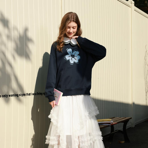 三彩2026春季新款花朵毛巾绣卫衣套头衫宽松休闲落肩袖复古M 商品图3