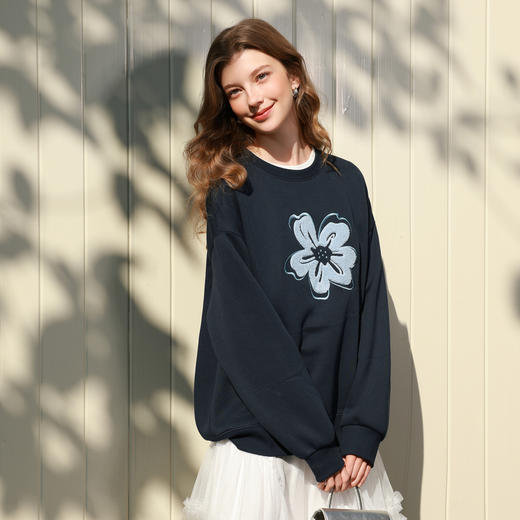 三彩2026春季新款花朵毛巾绣卫衣套头衫宽松休闲落肩袖复古M 商品图2