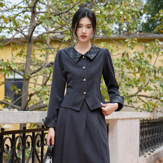 奢姿大码女装2025冬季胖妹妹时尚格纹翻领外套胖妹妹气质通勤上衣9954294414A 商品图0