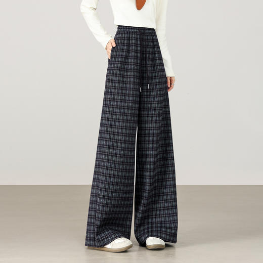 【12/31新品】熙世界美式复古格纹阔腿裤加绒加厚女秋冬慵懒休闲直筒毛呢长裤子 商品图2