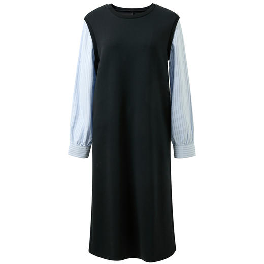 三彩2026春季新款条纹长袖假两件连衣裙宽松圆领直筒裙长裙M 商品图4