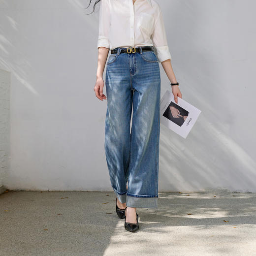 三彩2026春季新款休闲牛仔裤卷边高腰宽松直筒裤九分裤S 商品图3