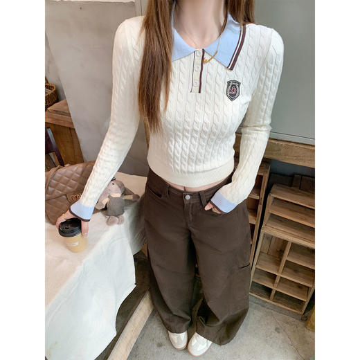 <曾小咸推荐>韩系米杏色polo领修身长袖t恤 商品图3