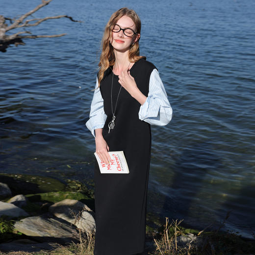 三彩2026春季新款条纹长袖假两件连衣裙宽松圆领直筒裙长裙M 商品图3