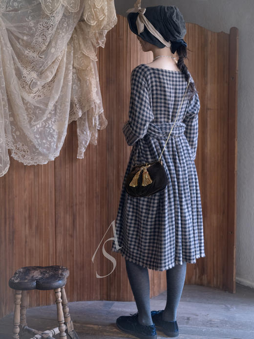 Daniela Gregis 棕墨蓝格纹羊绒叠褶连衣裙 商品图6