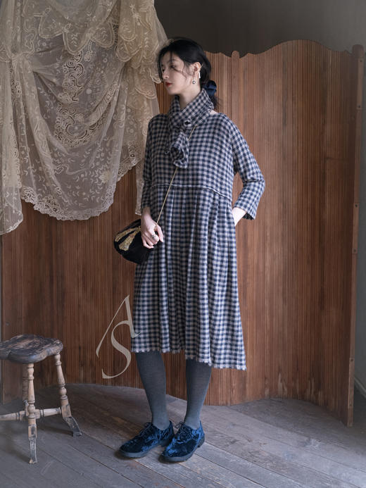 Daniela Gregis 棕墨蓝格纹羊绒叠褶连衣裙 商品图1