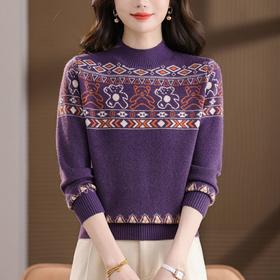 半高领小熊提花毛衣，复古几何撞色针织衫修身显瘦内搭打底潮CC-103-82515