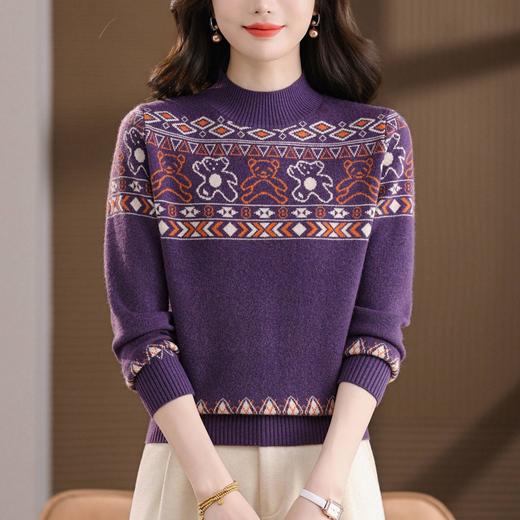 半高领小熊提花毛衣，复古几何撞色针织衫修身显瘦内搭打底潮CC-103-82515 商品图0