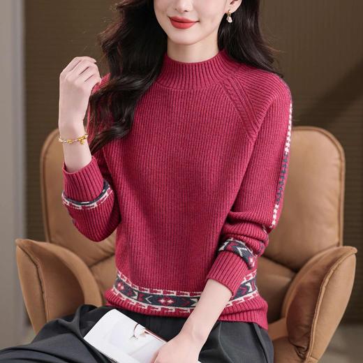 半高领针织衫民族风花纹拼接，坑条显瘦内搭打底短款毛衣CC-101-68808 商品图0