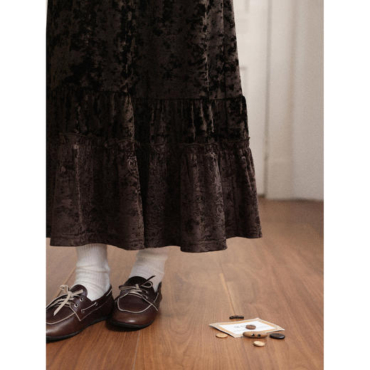 鹿向南「焦糖晚歌」棕色丝绒半身裙女秋冬法式复古中长款A字裙子 商品图3