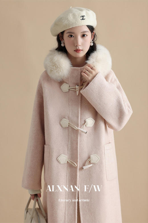 鹿向南「半岛情书」粉色呢子大衣女冬季长款双面呢牛角扣毛呢外套 商品图5