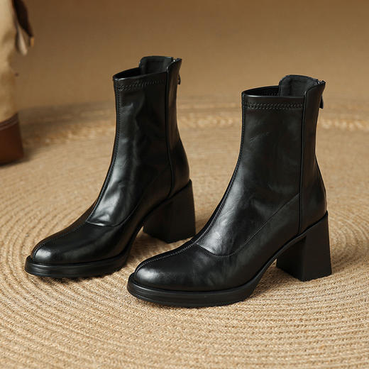 法式高跟弹力瘦瘦靴女圆头粗跟短靴真皮显瘦马丁靴单靴MLJ&C179 商品图1