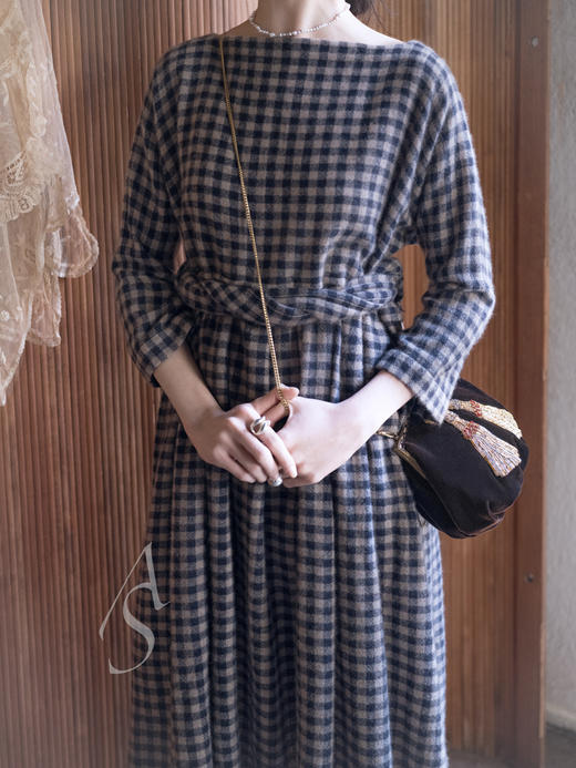 Daniela Gregis 棕墨蓝格纹羊绒叠褶连衣裙 商品图5