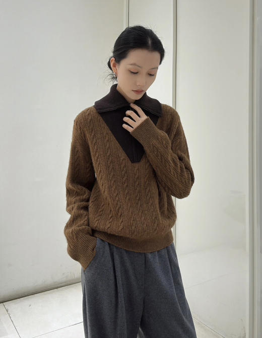 11-7 大爆款 ed咖色大翻领 驼色撞色 半拉链 针织毛衣 我穿L 商品图8