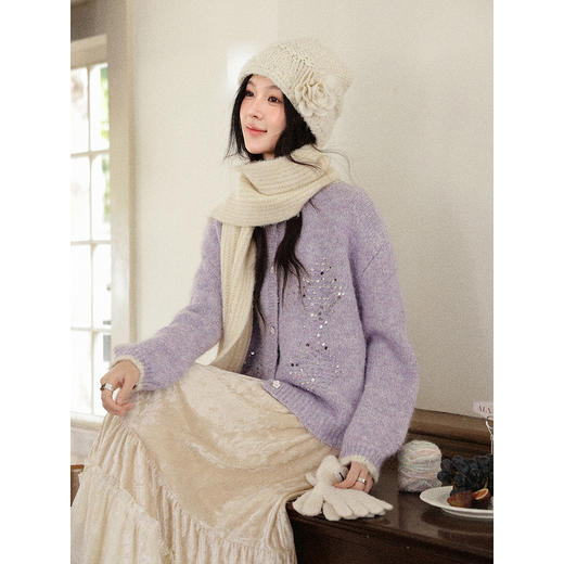 鹿向南「木槿」氛围感亮片紫色针织毛衣显瘦减龄开衫上衣女秋冬季 商品图4