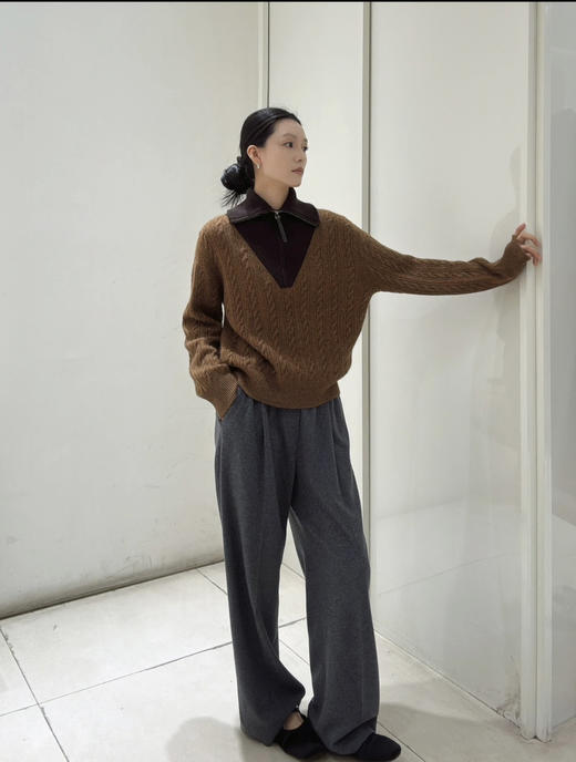 11-7 大爆款 ed咖色大翻领 驼色撞色 半拉链 针织毛衣 我穿L 商品图7