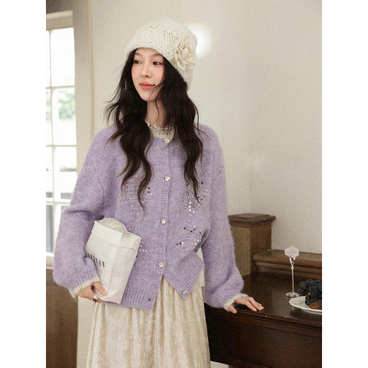 鹿向南「木槿」氛围感亮片紫色针织毛衣显瘦减龄开衫上衣女秋冬季 商品图0