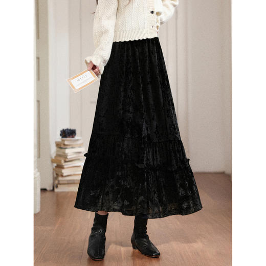 鹿向南「墨影流光」高级感丝绒黑色半身裙女冬高腰巨好看法式长裙 商品图0