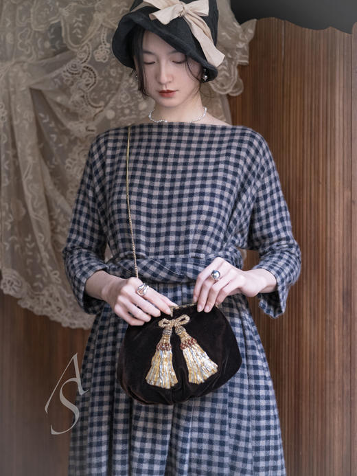 Daniela Gregis 棕墨蓝格纹羊绒叠褶连衣裙 商品图3