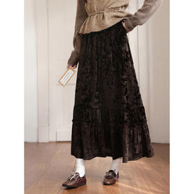 鹿向南「焦糖晚歌」棕色丝绒半身裙女秋冬法式复古中长款A字裙子