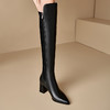 【预售5天】圆头粗跟长筒靴弹力靴骑士靴高筒靴过膝靴真皮侧拉链高跟新款铆钉MNLS&Z181 商品缩略图2