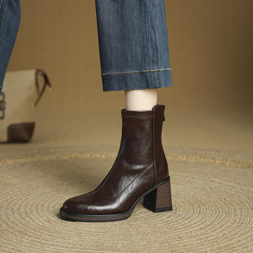 法式高跟弹力瘦瘦靴女圆头粗跟短靴真皮显瘦马丁靴单靴MLJ&C179 商品图3