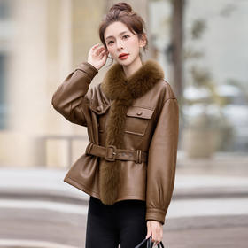 时尚显瘦洋气狐狸毛拼接，收腰显瘦短款麂皮绒羽绒服HR-MLSF8571