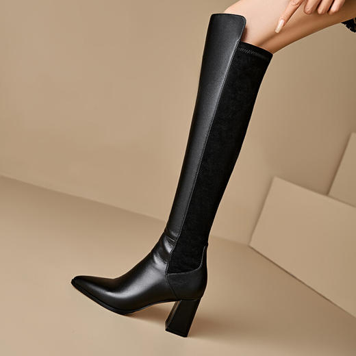 【预售5天】圆头粗跟长筒靴弹力靴骑士靴高筒靴过膝靴真皮侧拉链高跟新款铆钉MNLS&Z181 商品图3