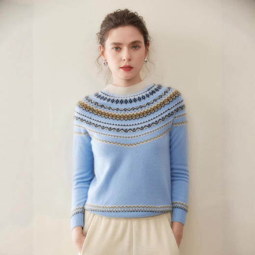 「高货rig」全新升级【铂金会员441/天猫589/差价148】(54015)洛诗琳费尔岛提花羊绒衫2025秋冬新款气质半高领套头毛衣 商品图1