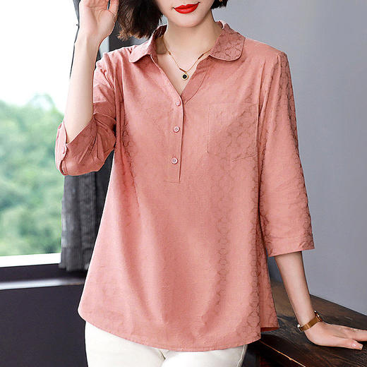 七分袖衬衫女春秋2025新款大码女装中年妈妈休闲女士衬衫粉色上衣 商品图1
