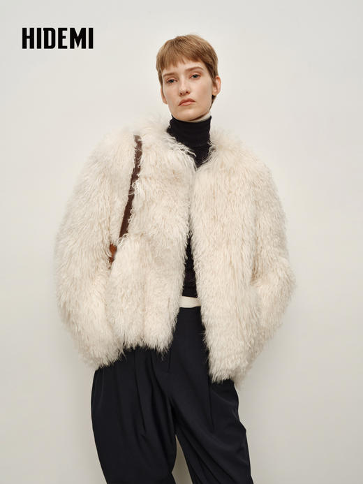 HIDEMI 进口新西兰长毛羊羔毛环保未染色皮毛一体外套 自然白 商品图4