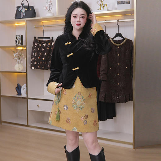 奢姿大码女装2025冬季胖妹妹时尚黄花套装气质复古显瘦休闲穿搭9954970766 商品图4