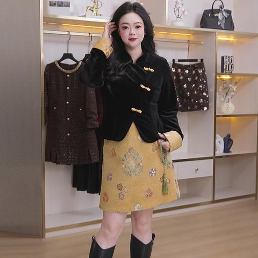 奢姿大码女装2025冬季胖妹妹时尚黄花套装气质复古显瘦休闲穿搭9954970766 商品图2