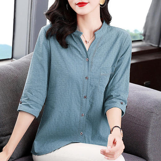 纯棉七分袖衬衫女2025新款春秋棉麻女士中年妈妈衬衣中袖全棉上衣 商品图3