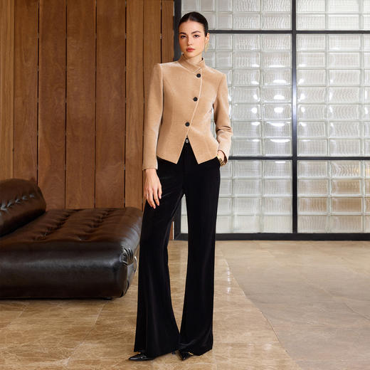 IWY/卡其色高级感气质丝绒套装女职业装立领上衣阔腿裤两件套通勤西装C2580+P2515 商品图1