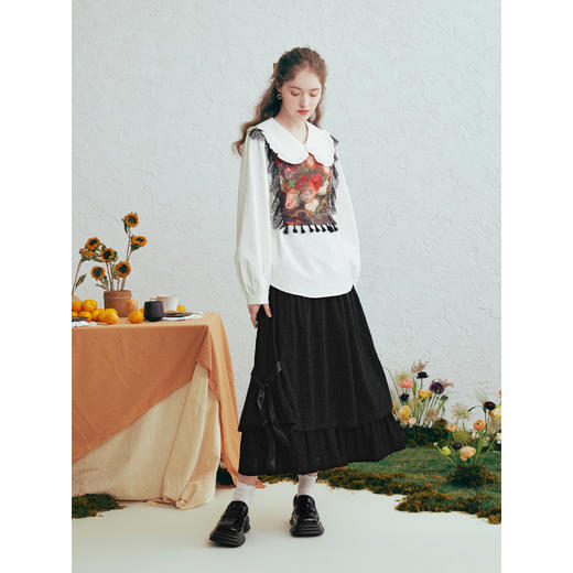 两三事梵高文艺云絮相叙2026春新款流苏印花布拼接绑带假两件衬衫 商品图3